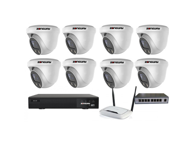 5MPx H265 kamerový IP POE set ZONEWAY - 8x dome kamera NC960, rekordér NVR 2104, router a POE switch 8 + 1