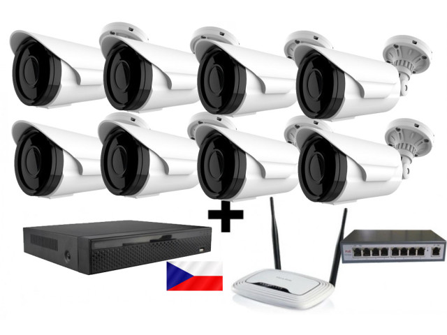 5MPx H265 kamerový IP POE set ZONEWAY - 8x NC965, NVR 2104, router, POE switch 8 + 1