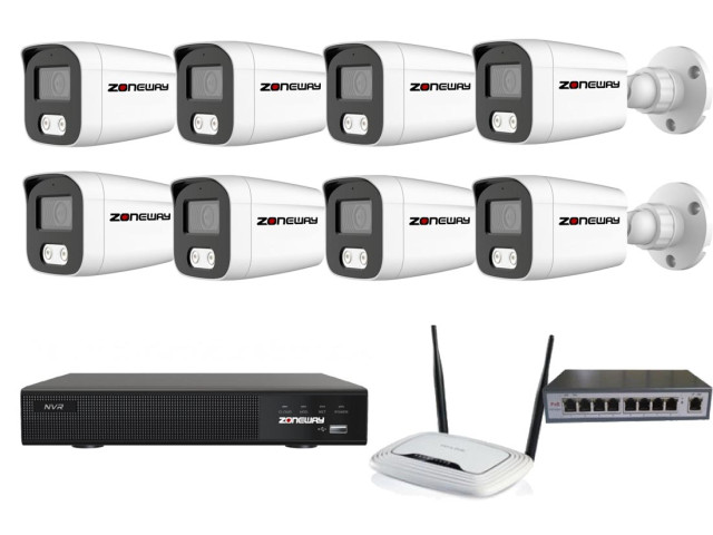 5MPx kamerový IP POE set - 8x NC865+, POE switch 8 + 1| ZONEWAY 8-NC865+3016