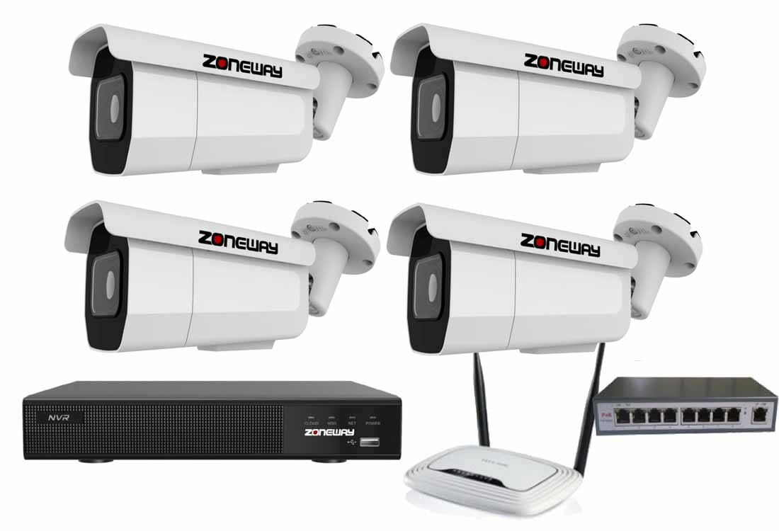 8MPx ZOOM kamerový IP POE set - 4x NC971, POE switch 4 + 1, NVR | ZONEWAY 4-NC971-3016