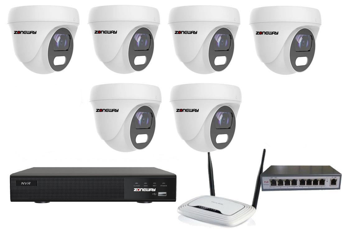 8MPx COLORVU kamerový IP POE set - 6x NC962, POE switch 8 + 1, NVR3016 | ZONEWAY 6-NC962+3016