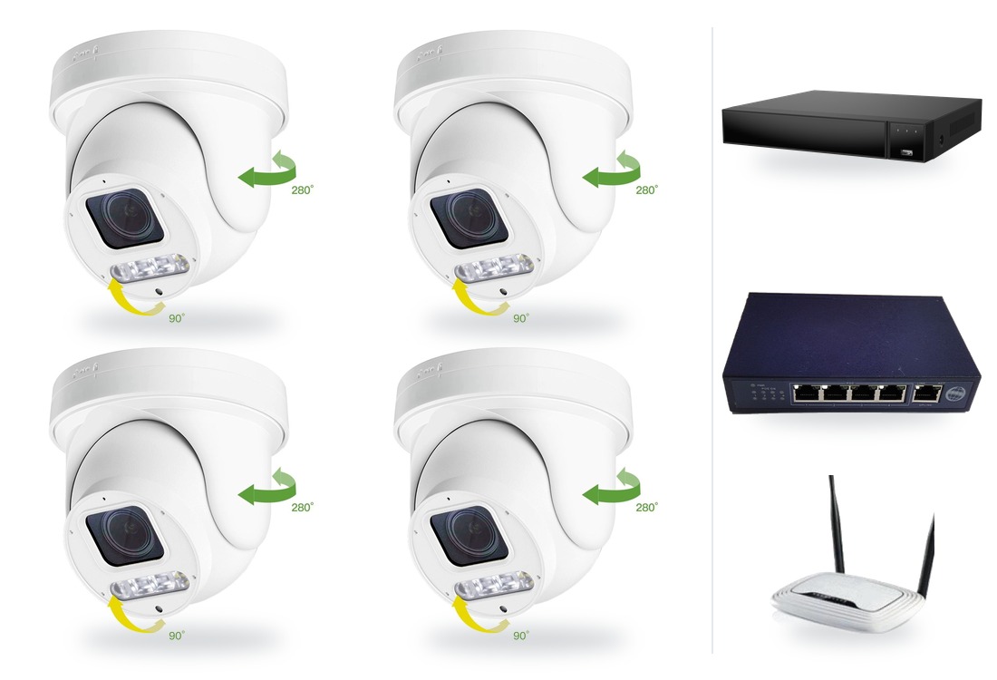 IP kamerový set 4x venkovní PTZ kamera 6 Mpx, zoom 4x, PoE switch 4+1, NVR3016 | ZONEWAY 4-X4DM6S-3016