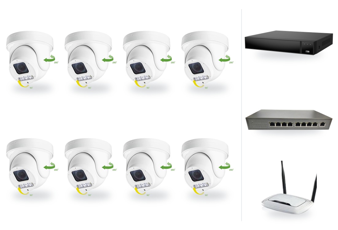 IP kamerový set 8x venkovní PTZ kamera 6 Mpx, zoom 4x, PoE switch 8+1, NVR3016 | ZONEWAY 8-X4DM6S-3016