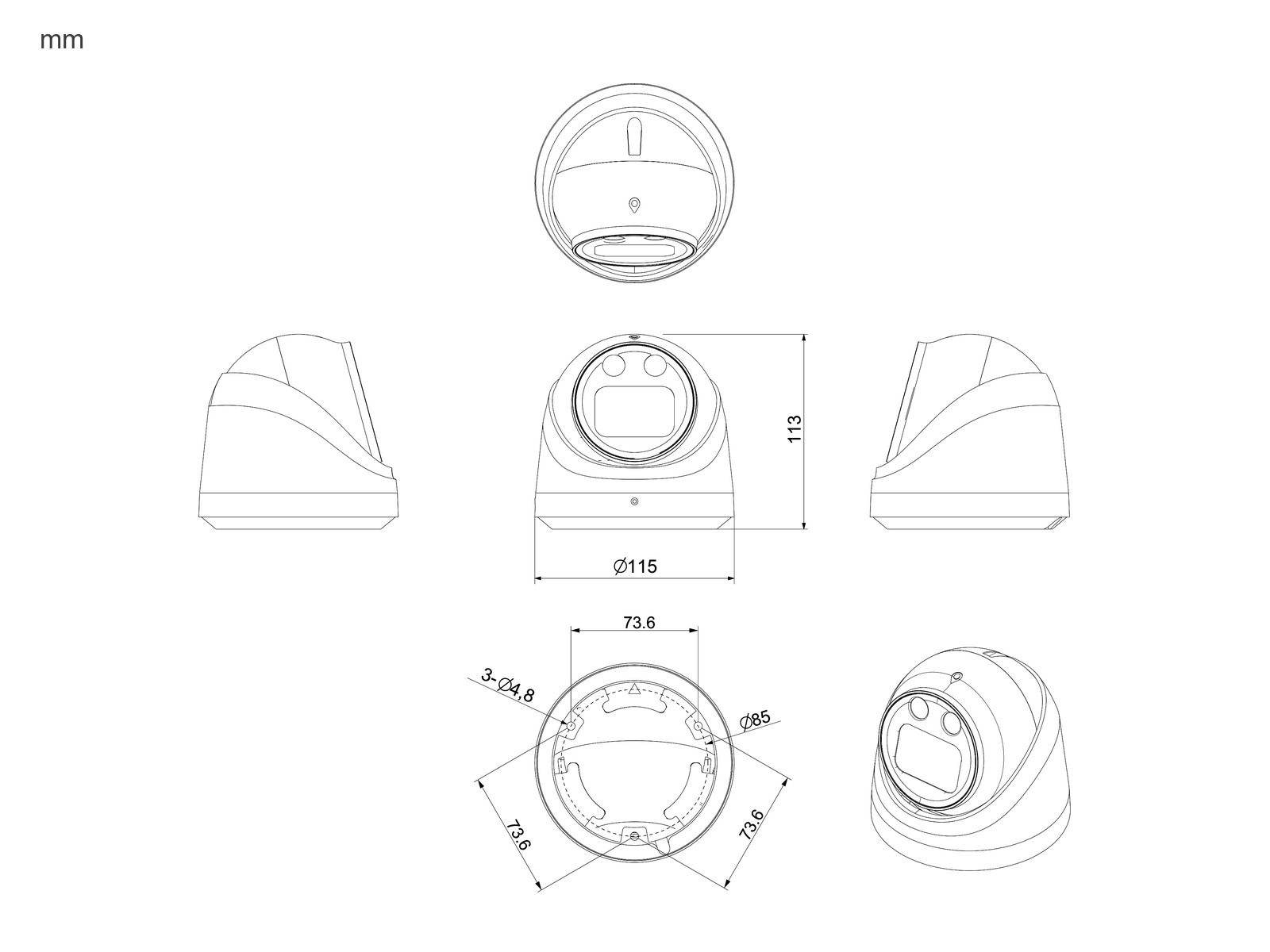 Rozměry kamery ZONEWAY NC961+ – Ø 115 × 113 mm