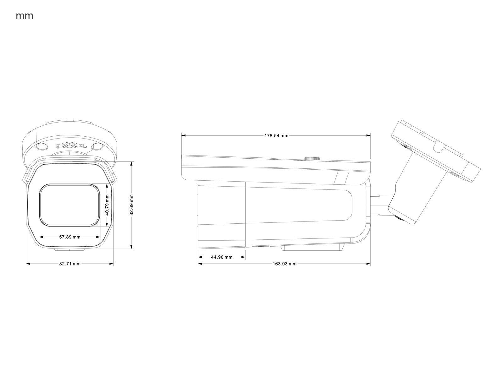 Rozměry kamery ZONEWAY NC971 – délka 178,5 mm, čelo 82,7 × 82 mm