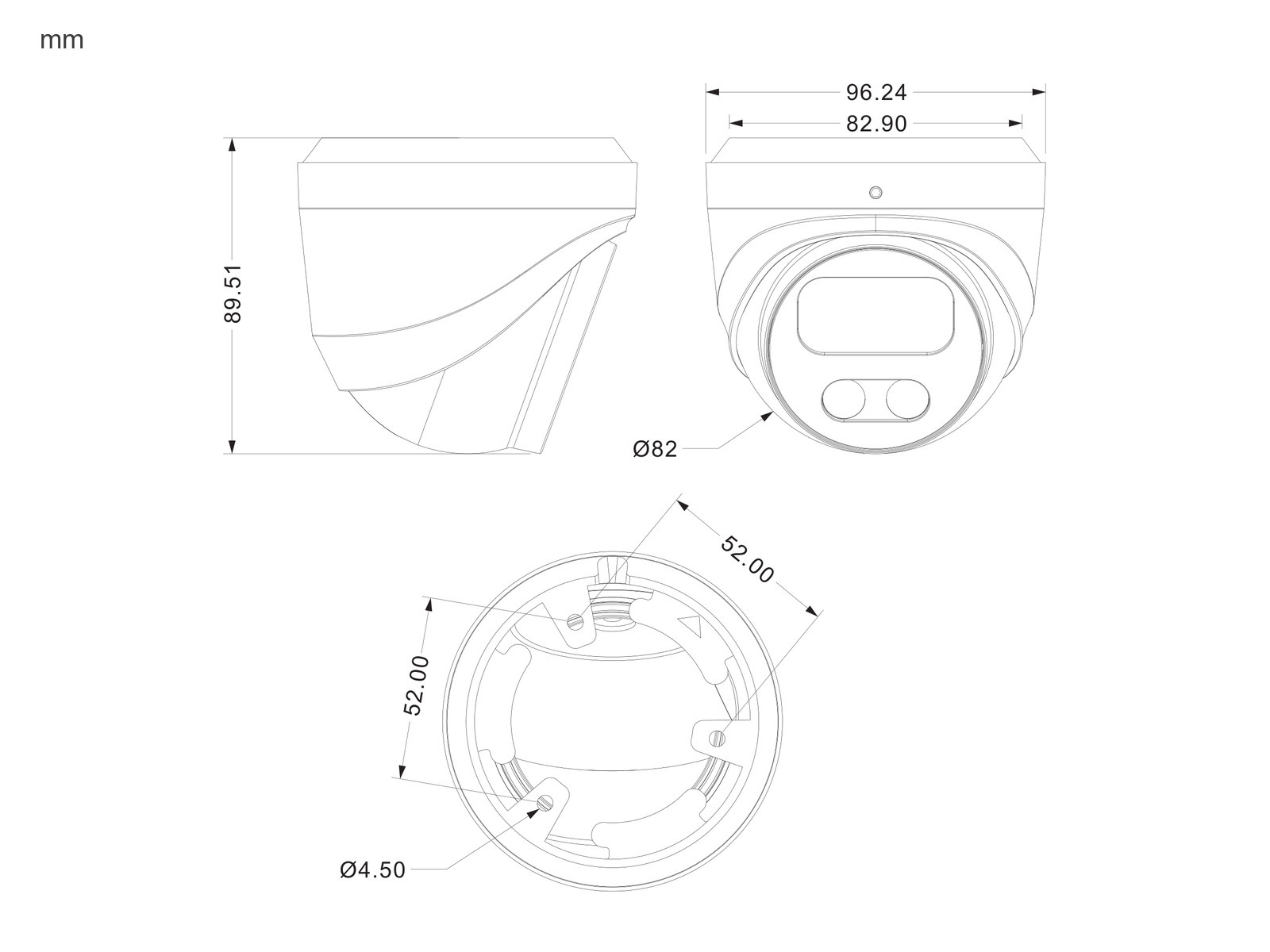 Rozmery kamery ZONEWAY NC962 – Ø 96 × 90 mm, rozstup montážnych otvorov 52 mm