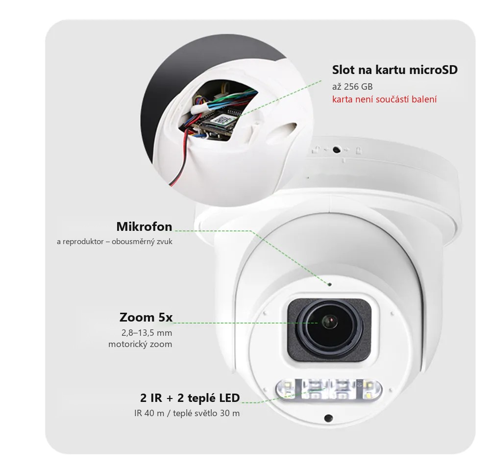 Popis výbavy kamery HICO X4D-M6S: microSD, mikrofon, zoom 5x, IR a teplé LED