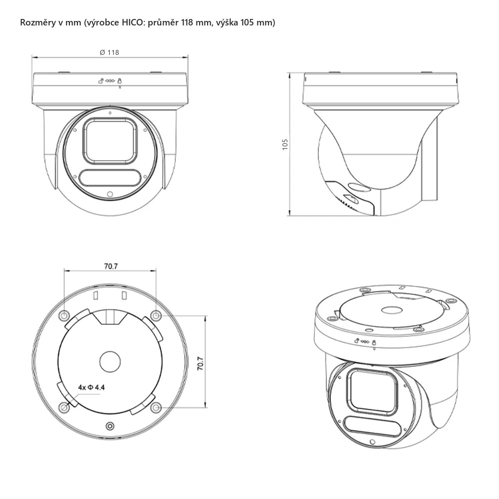 Rozměry kamery HICO X4D-M6S: průměr 118 mm, výška 105 mm